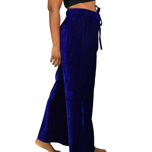 Vintage Velvet Pants Blue Cobalt Drawstring Pajama Lounge Straight Leg 70s Small - Picture 2 of 12